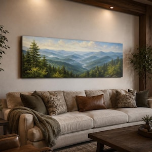 Smoky Mountains Valley View With Pine Trees And River Winding Through Rolling Hills Wall Art, Long Horizontal Canvas Print, Cabin Decor
