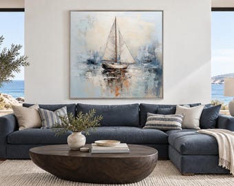 Neutral Light Blue Sailboat Wall Art, Minimalist Nautical Painting With Soft Coastal Colors Painting Canvas Print Framed Ready To Hang