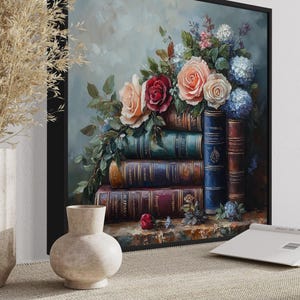 a painting of a bouquet of flowers on a bookshelf, with a vase of dried flowers and a book on a table in front of it.