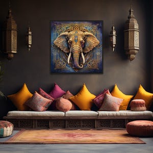 a cozy and vibrant living room with a large elephant painting on the wall, a long couch adorned with colorful pillows, and various decorative elements such as lamps and a rug.
