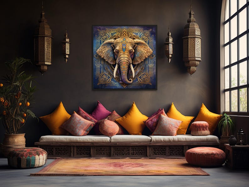 a cozy and vibrant living room with a large elephant painting on the wall, a long couch adorned with colorful pillows, and various decorative elements such as lamps and a rug.