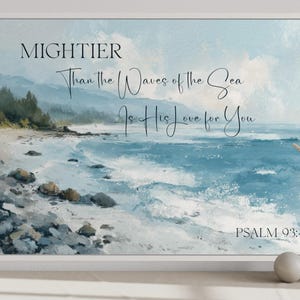 Mightier Than the Waves Scripture Wall Art, Psalm 93:4 Bible Verse Print On Calm Sea, Christian Wall Decor Framed Ready To Hang