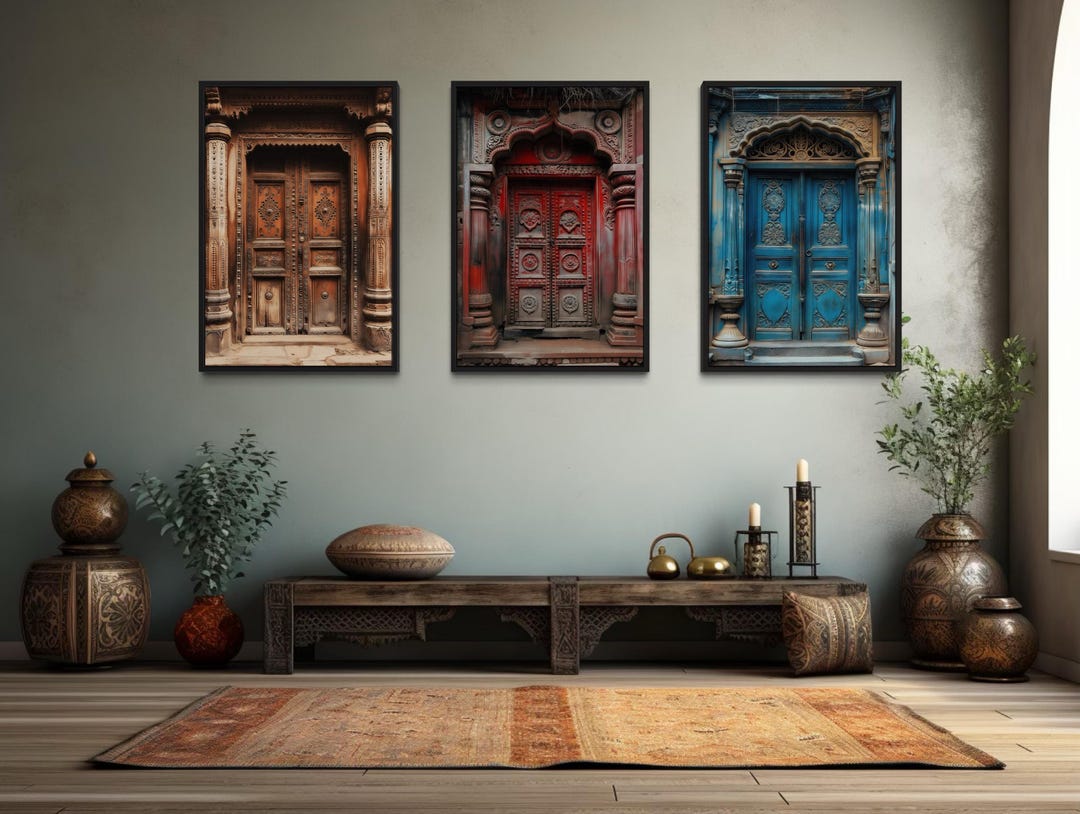 Set of Three Indian Wall Art, Colorful Indian Doors Painting Canvas ...