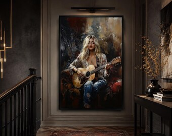 Guitar Player Painting Canvas PRINT, Blonde Girl playing Guitarr Wall Art, Music Room Decor, Gift For Musicians Framed Ready To Hang