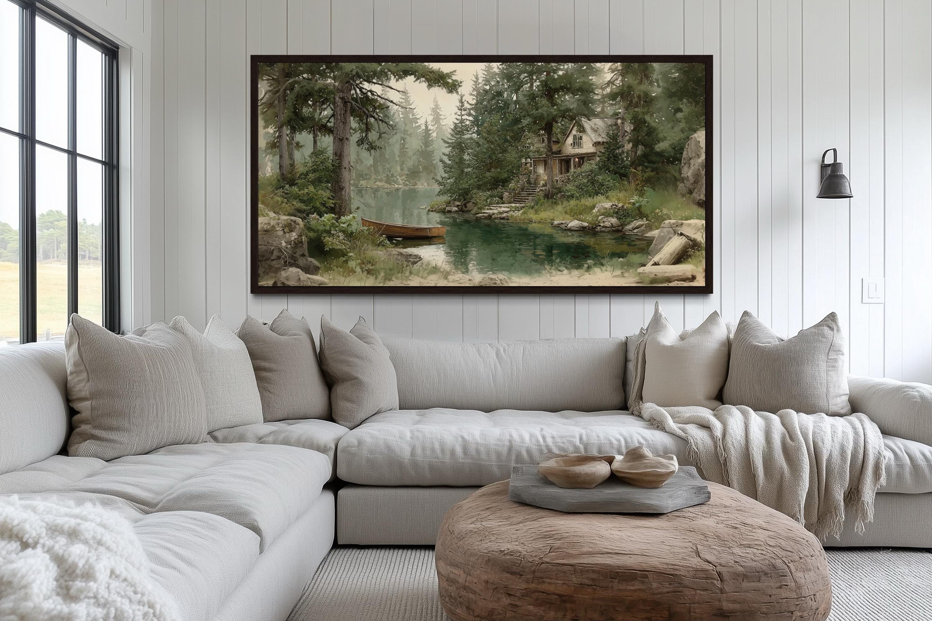 Lake House and Boat Wall Art With Pine Trees and Forest Landscape, Rustic Cabin by the Lake Painting Canvas Print Framed Ready To Hang