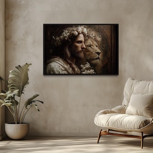 Jesus And Lion Wall Art – Lion Of Judah Christian Painting Canvas Print, Religious Artwork For Prayer Room Framed Ready To Hang