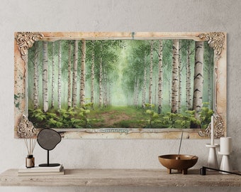 Lodge Decor Birch Trees Forest Summer Wall Art, Rustic Birches Painting Canvas Print, Cottage, Retro Wall Decor Framed Ready To Hang