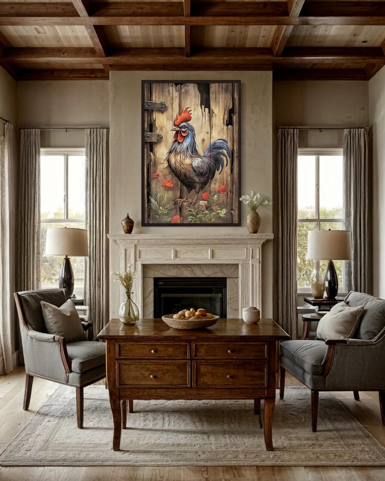 a cozy living room with a large wooden coffee table in the center, surrounded by two gray armchairs. Above the coffee table hangs a framed painting of a rooster in a rustic wooden frame, with a weathered wooden door in the background. The room features a fireplace, a window with curtains, and a wooden floor.