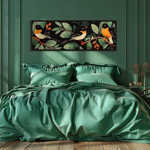 Tropical Birds Above Bed Green Wall Art, Exotic Birds Painting Long Horizontal Canvas PRINT, Rainforest Panoramic Framed Ready To Hang
