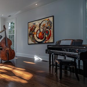 a spacious room with a large window, a wooden floor, and two musical instruments - a grand piano and a cello. The piano is positioned on the right side of the room, while the cello is placed on the left side. A large abstract painting hangs on the wall above the piano, adding an artistic touch to the room.