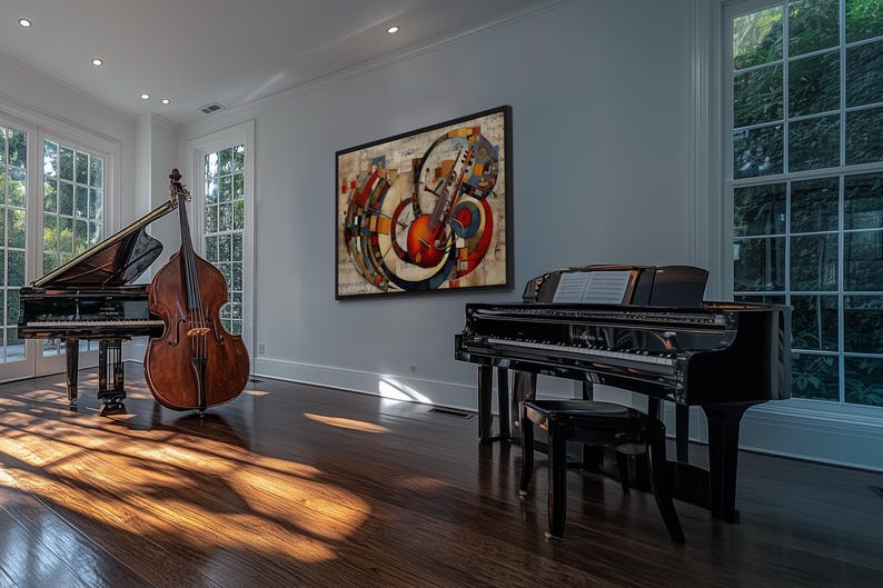 a spacious room with a large window, a wooden floor, and two musical instruments - a grand piano and a cello. The piano is positioned on the right side of the room, while the cello is placed on the left side. A large abstract painting hangs on the wall above the piano, adding an artistic touch to the room.