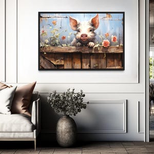 Farmhouse Wall Art, Farm Pig Rustic Painting on Wood Effect Canvas PRINT, Farm Animals Art PRINTs,  Framed Ready to Hang