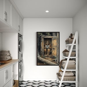 Bigfoot In Outhouse Toilet In The Forest Reading Newspaper Painting Canvas, Cabin Bathroom Sasquatch Artwork, Rustic Decor Ready To Hang