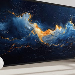 a large abstract painting with swirling blue and orange colors, creating a sense of movement and energy. The painting is displayed on a wall, with two white vases placed on either side of it.