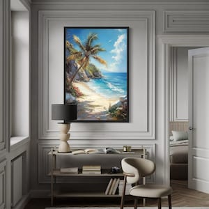 Tropical Beach Painting  Canvas Print, Palm Tree With Ocean View Wall Art, Coastal Paradise, Framed Ready To Hang