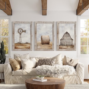Farmhouse Wall Art Set of Three Rustic Farm PRINTs - Painting of Windmill, Old Barn, Hay Bale Print on Canvas Gallery Wall Art