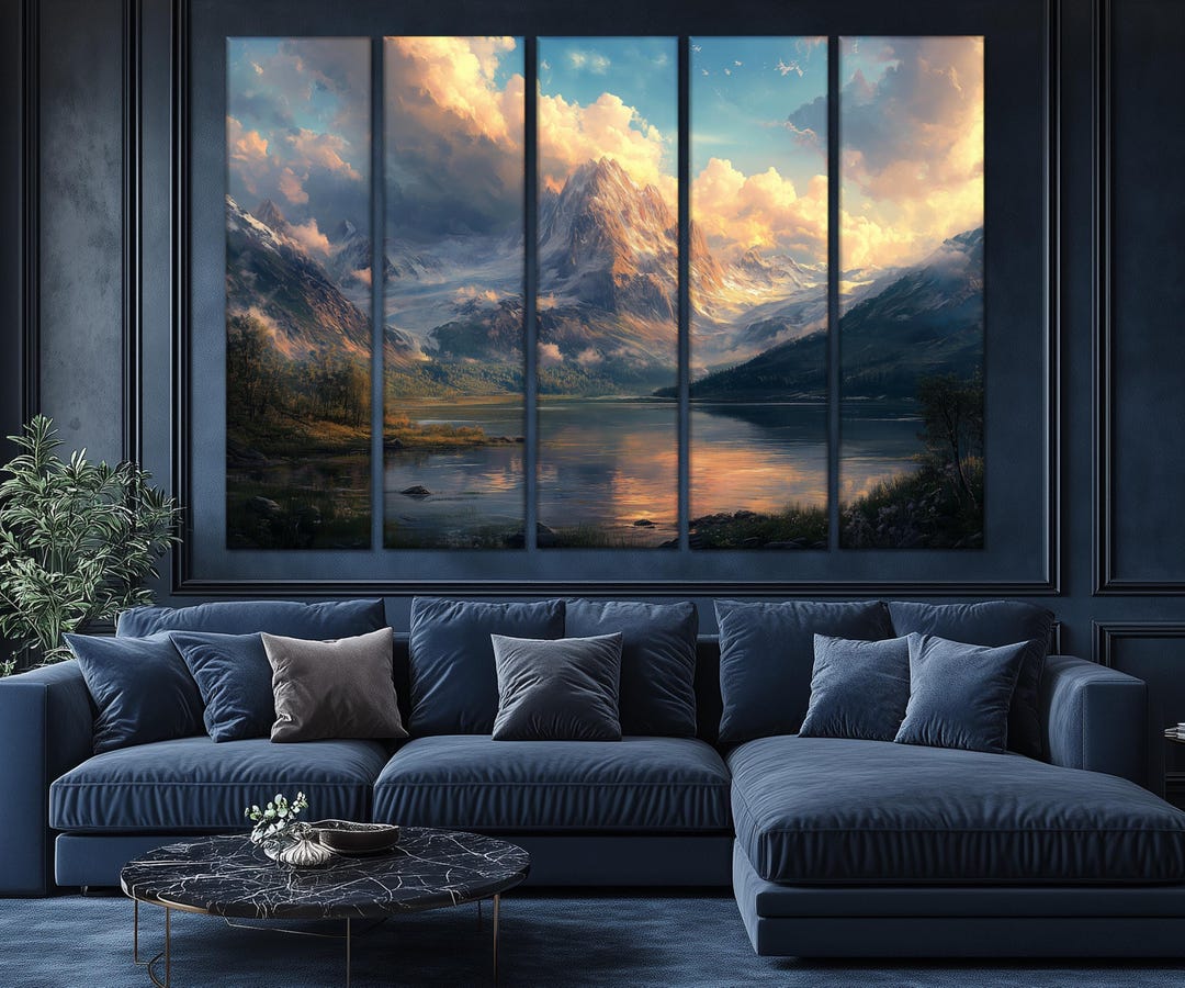 5 Piece Antique Mountain Lake Landscape Painting Wall Art - Nature ...