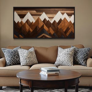 Wooden Mountain Wall Art Canvas Print, Cabin Wall Art - Layered Wood Panel Effect , Lodge Wall Decor, Framed Ready To Hang