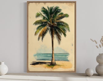 Palm Tree Wall Art, Vintage Style Palm On The Beach Painting Canvas PRINT, Coastal Wall Art, Tropical Artwork Ready To Hang