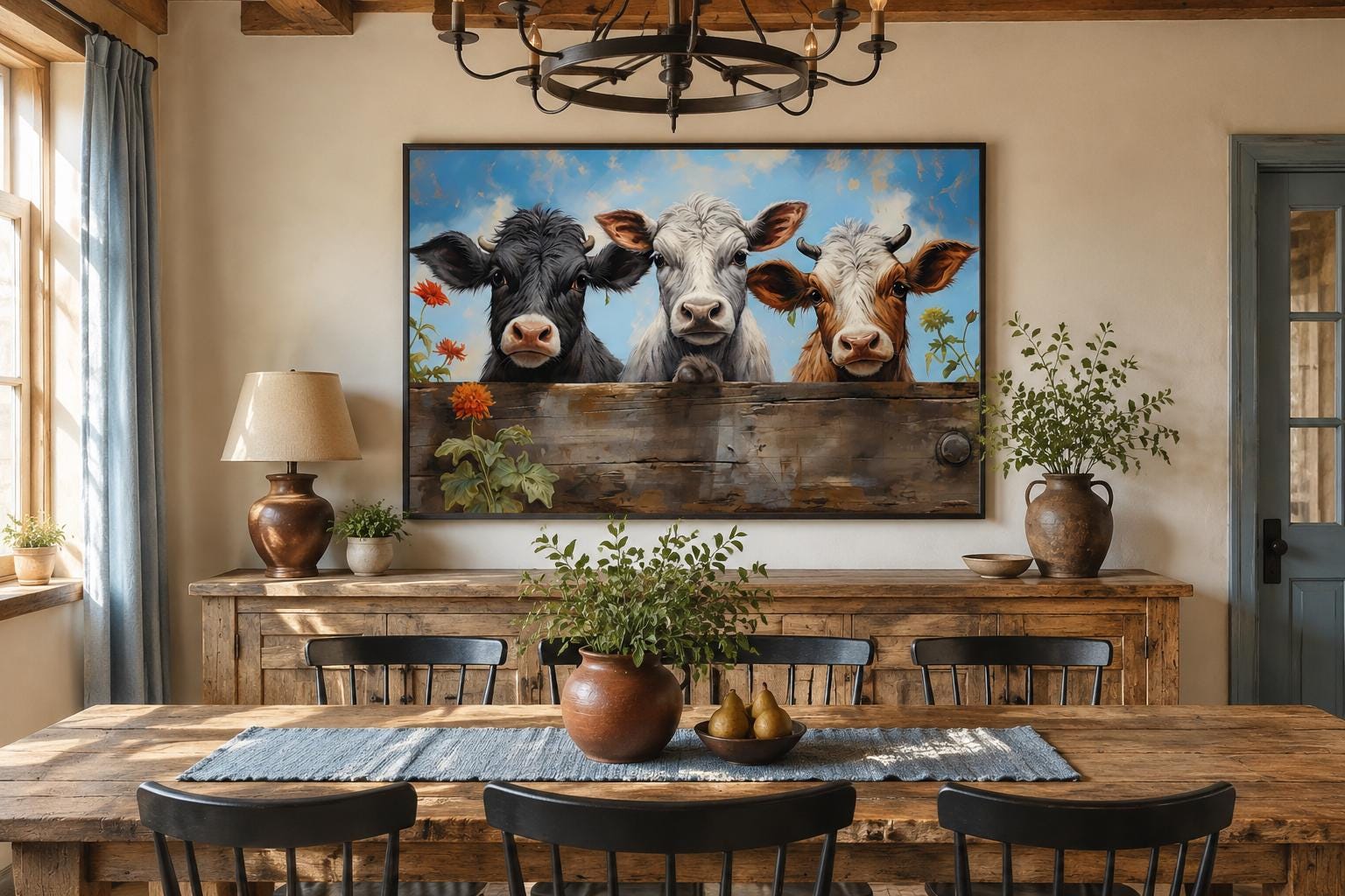 Farmhouse Wall Art Three Cute Cows Looking Through Wooden Fence