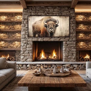 American Bison Extra Large Farmhouse Rustic Wall Art - Buffalo Painting Print On Canvas Framed, Unframed, Ready To Hang