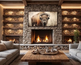 American Bison Extra Large Farmhouse Rustic Wall Art - Buffalo Painting Print On Canvas Framed, Unframed, Ready To Hang