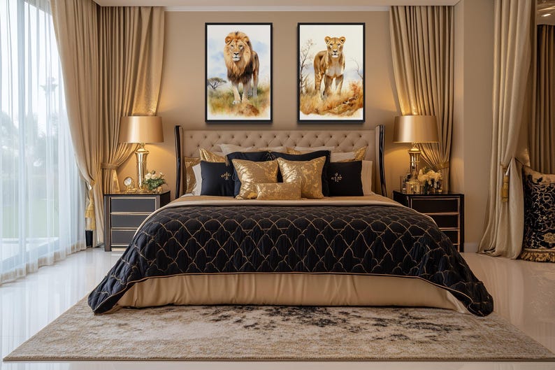 a luxurious bedroom with a large bed, gold and black bedding, and two framed paintings of lions on the wall above the bed.