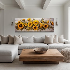 Sunflowers Wall Art Above Bed, Long Horizontal Farmhouse Floral Painting On Distressed Wood, Rustic Bedroom Wall Decor, Framed Ready To Hang