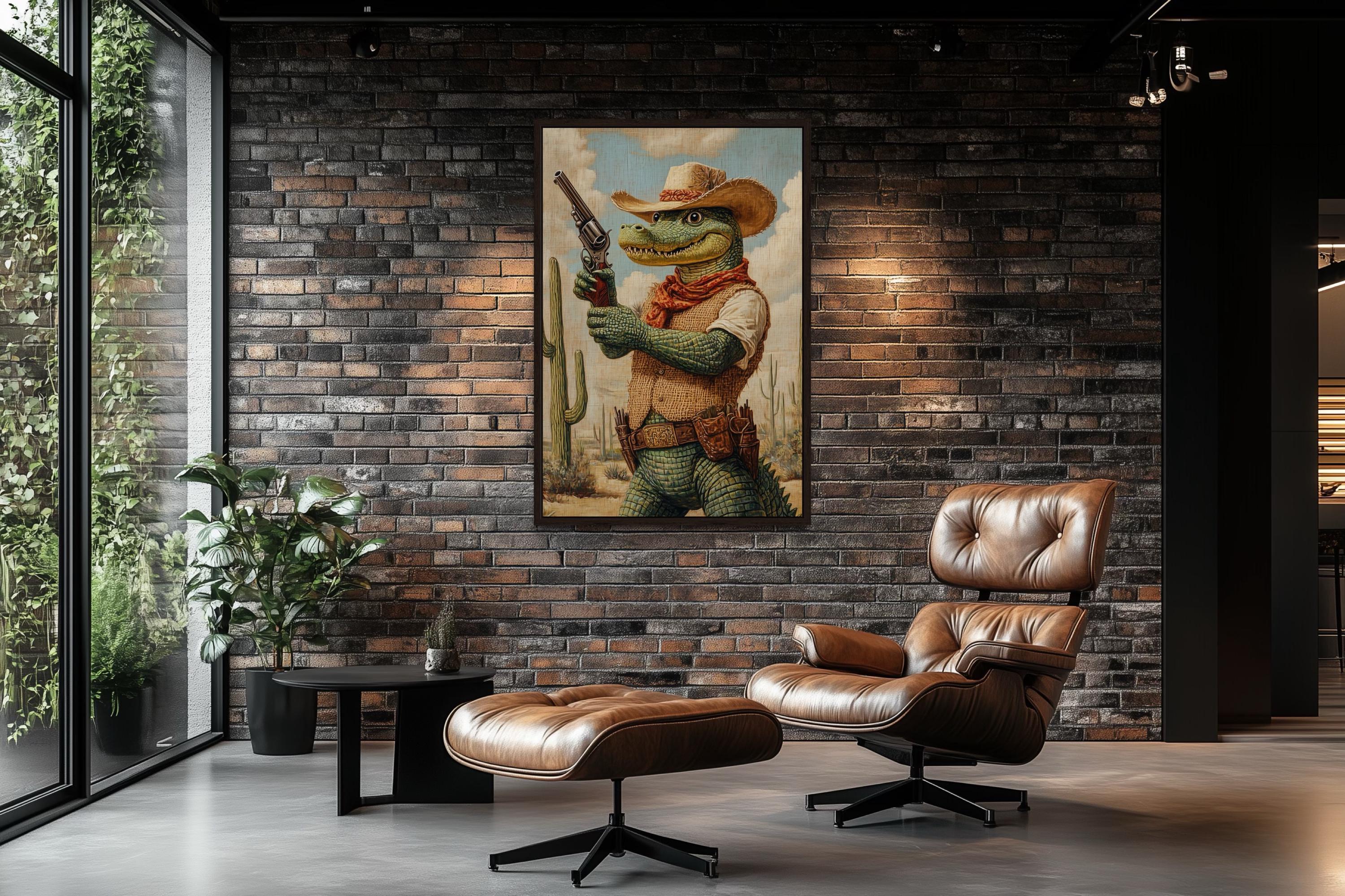 Funny Man Cave Art, Crocodile Cowboy Painting Canvas Print, Wild