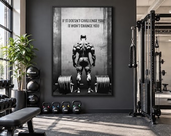 Gym Wall Art,  If It Doesn't Challenge You Motivational Fitness Decor Man With Barbell Artwork, Sports Motivation Canvas Print Ready To Hang