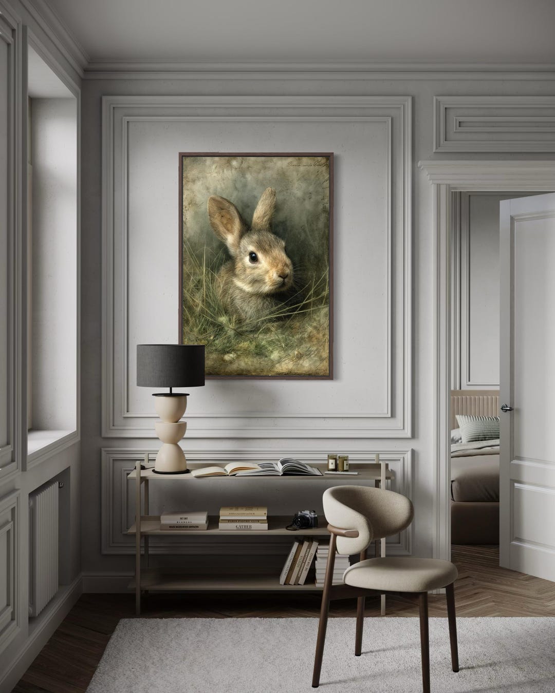 Neutral Bunny Wall Art Canvas Print, Vintage Rabbit Portrait Woodland ...