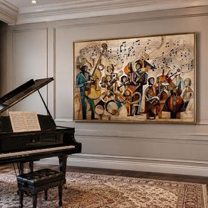 May include: A large rectangular wall art piece featuring a stylized abstract painting of a jazz band with multiple musicians playing instruments, accented by floating musical notes, all framed in a thin gold border and displayed above a black grand piano.