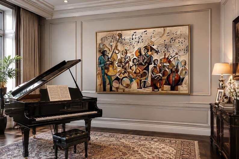 May include: A large rectangular wall art piece featuring a stylized abstract painting of a jazz band with multiple musicians playing instruments, accented by floating musical notes, all framed in a thin gold border and displayed above a black grand piano.