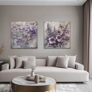 Set of 2 Light Purple Floral Prints – Cherry Blossom and Butterfly Flower Wall Art for Neutral Living Room or Bedroom Decor