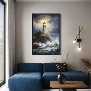 a living room with a blue sofa, a wooden coffee table, and a framed painting of a lighthouse on the wall.
