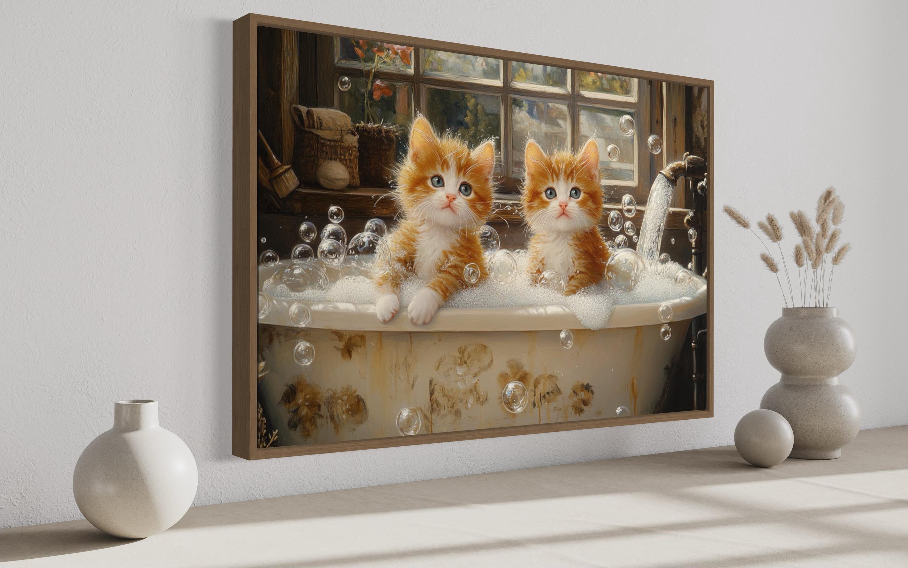 Kittens in Bathtub Wall Art, Watercolor Cats Painting Canvas PRINT ...