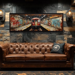 Subway Train Graffiti Canvas Print, Long Horizontal Urban Street Art Painting For Man Cave Or Office Wall Decor Framed Ready To Hang