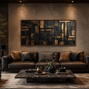Black Gold Geometric Wall Art, Abstract Painting, Extra Large Canvas PRINT, Living Room Or Bedroom Decor Framed Ready To Hang