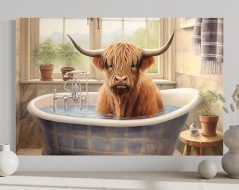 Decoración de pared para baño: Vaca de las Tierras Altas en una bañera, pintura en acuarela sobre lienzo o lámina decorativa (enmarcada o sin enmarcar, lista para colgar).