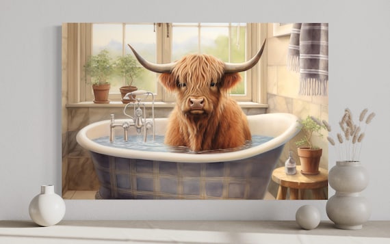 Set di 3 quadri da parete con mucca delle Highland in vasca, stampe in bianco e nero su tela di mucca in bagno, arte umoristica con animali per bagno, stile rustico da