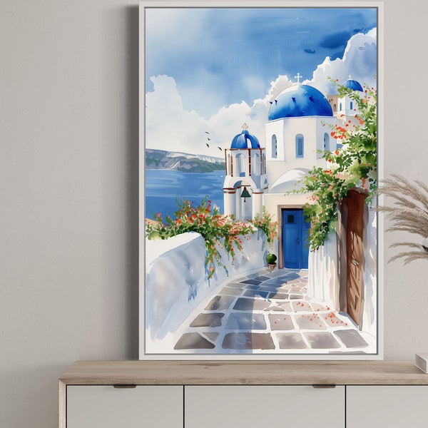 Santorini Wall Art, Blue Dome Green Vines White Street Watercolor Painting Canvas or Fine Art Print, Santorini Travel Poster