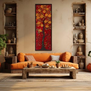Tall Narrow Vertical Orange Tree On Red Background Wall Art, Indian Tree Painting Vertical Canvas PRINT, Long Narrow Artwork Ready To Hang