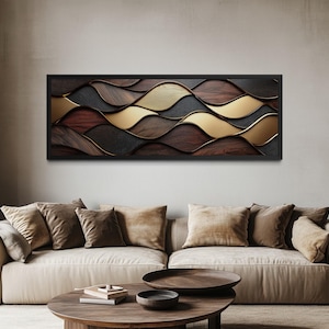 Long Horizontal Wood Texture Canvas Wall Art Print, Abstract Brown Gold Geometric For Living Room Modern Organic Design Framed Ready To Hang