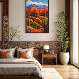 Colorful Desert And Saguaro Cactus Painting, Arizona Desert Vertical Canvas Print - Southwestern Wall Art Framed Unframed Ready To Hang