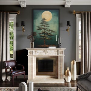 Pine Tree And Moon Painting Canvas PRINT, Minimalist Emerald Green Wall Decor, Antique Dark Academia Wall Art Ready To Hang