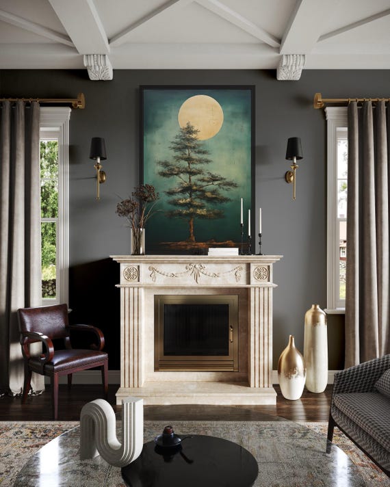 Pine Tree And Moon Painting Canvas PRINT, Minimalist Emerald Green Wall Decor, Antique Dark Academia Wall Art Ready To Hang
