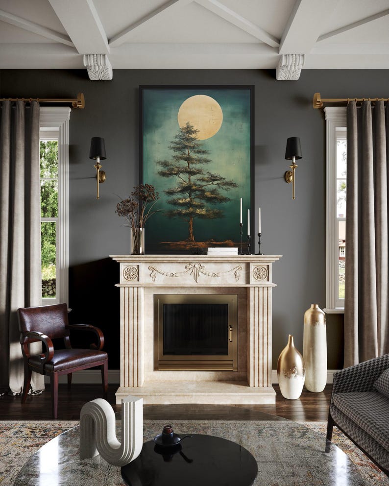 a cozy living room with a fireplace, a large painting of a tree, and a comfortable leather chair. The room has a warm and inviting atmosphere, with a rug on the floor and decorative elements such as vases and a sculpture.