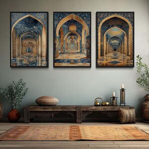 Set of 3 Persian Architecture Wall Art Prints – Islamic Archways and Mosaic Domes Canvas for Living Room or Hallway Decor Ready To Hang