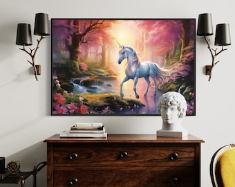 Unicorn Painting Canvas PRINT, Girls Room Wall Art, Magical Whimsical Pink Wall Decor Framed Unframed Ready To Hang