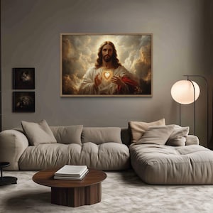 Sacred Heart of Jesus Canvas Wall Art, Traditional Christian Religious Artwork, Catholic Sacred Heart Painting for Prayer Room or Home Decor